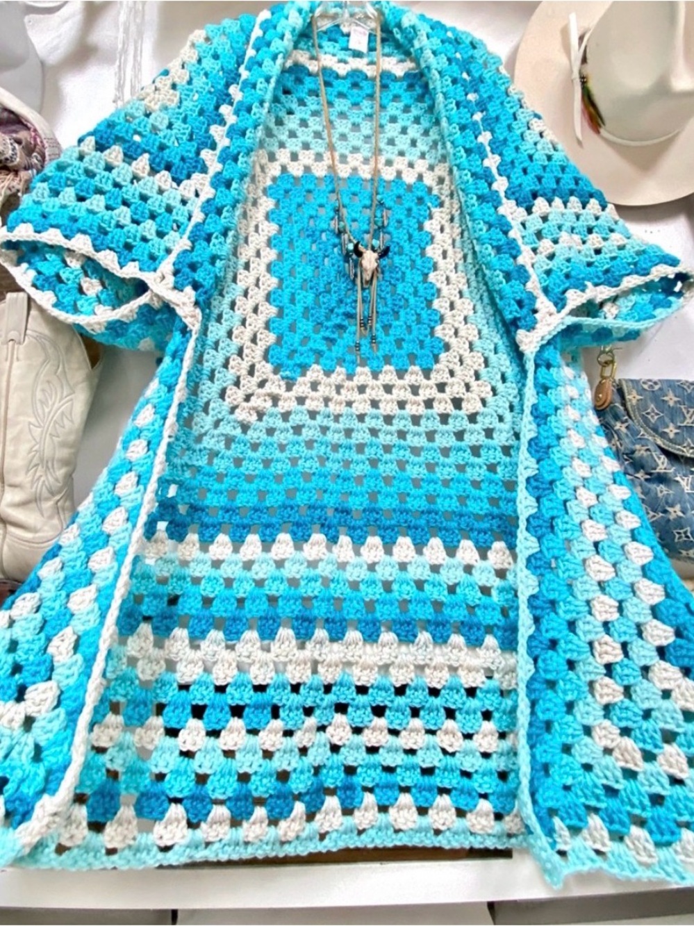 Hand-Crocheted Open Front Cardigan Sweater - Turquoise & Cream - Picture 3 of 10